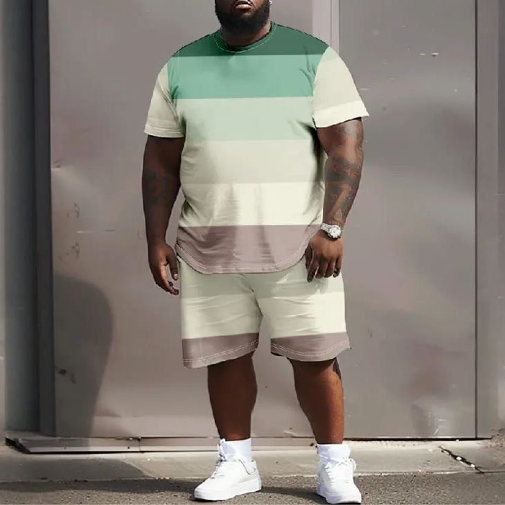 Men's Plus Size Colorful Symmetric Rectangle Casual Short Sleeve T-shirt Two-piece Set