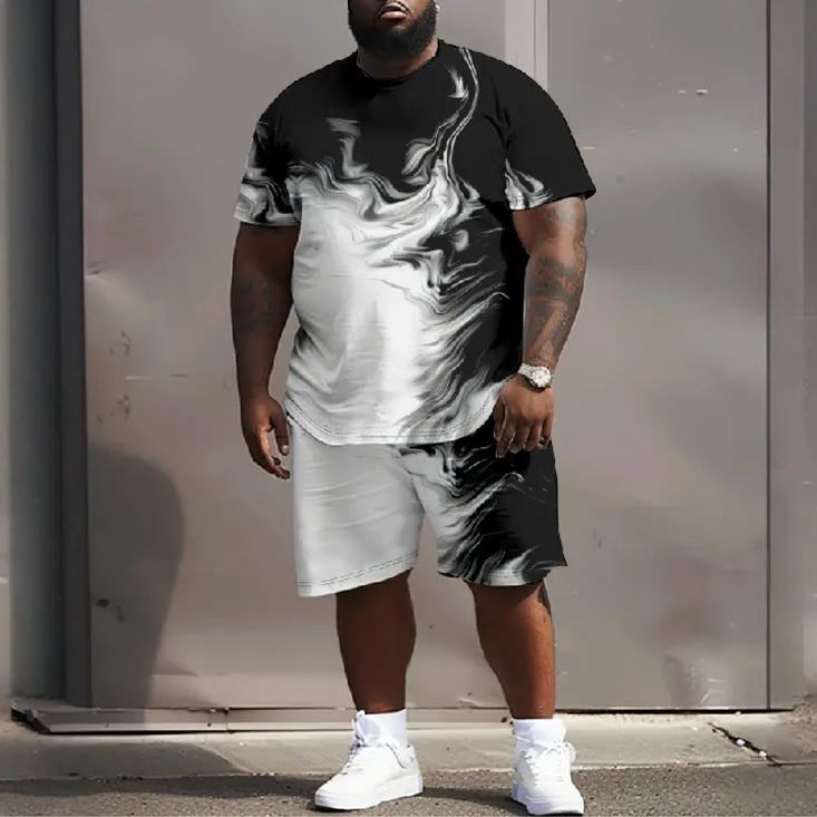 Men's Plus Size Ink Watercolor Graffiti Art Casual Short Sleeve T-shirt Two-piece Set