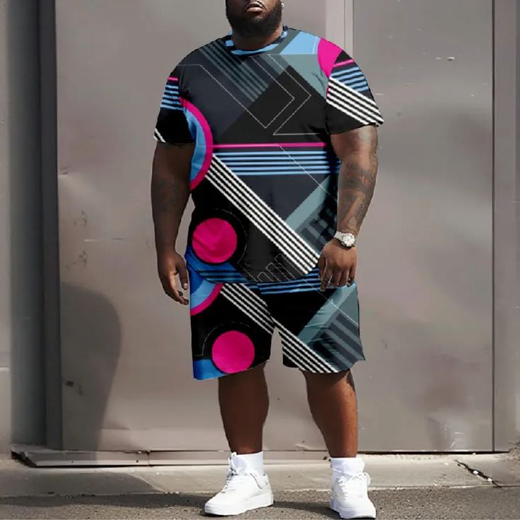 Men's Plus Size Colorful Irregular Geometric Graphic Casual Short Sleeve T-shirt Two-piece Set