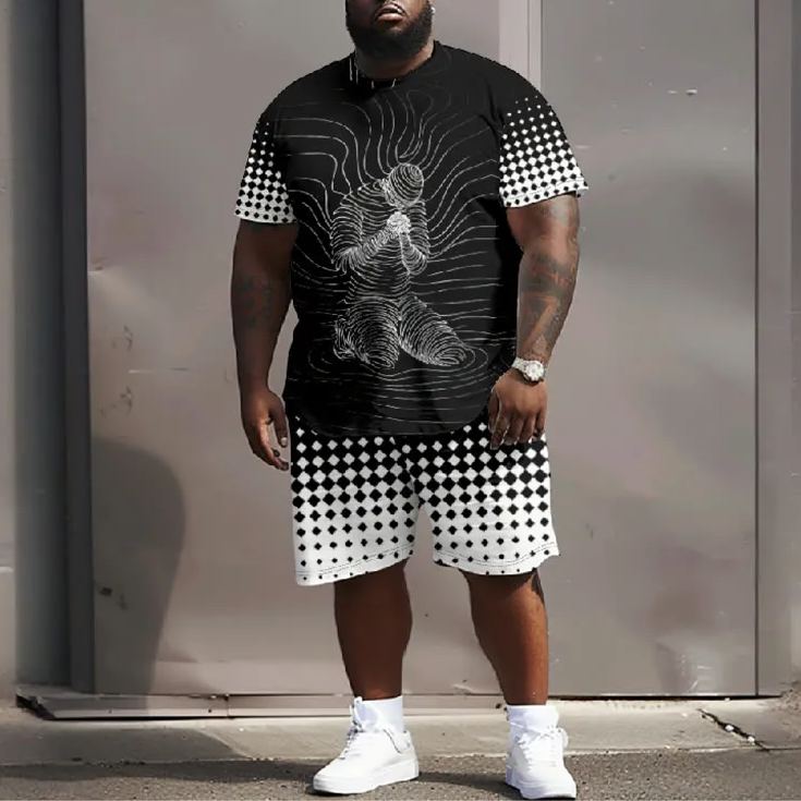 Men's Plus Size A Man Kneeling Praying Polka Dots Short Sleeve T-shirt Two-piece Set