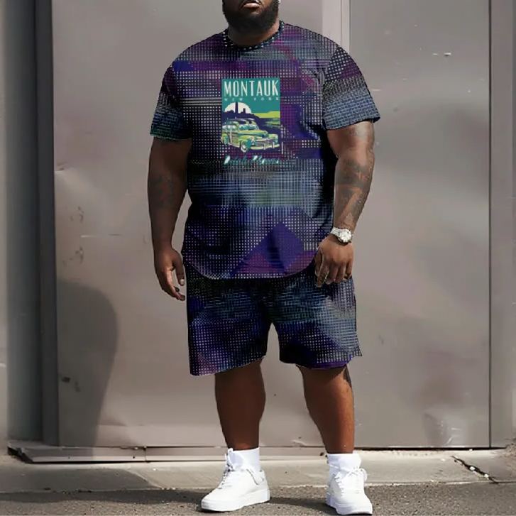 Men's Plus Size Montauk Car Pattern Rock Grid Casual Short Sleeve T-shirt Two-piece Set