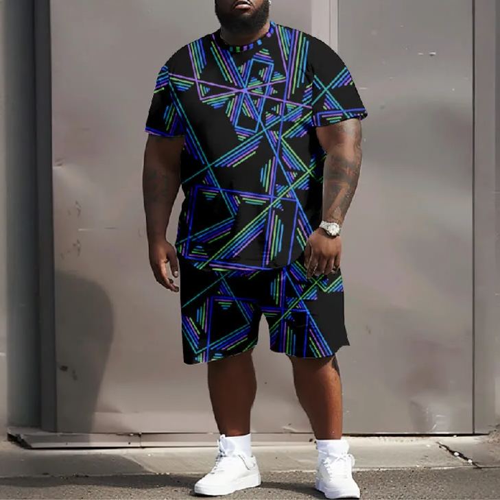 Men's Plus Size Eyecatching Colorful Geometric Pattern Casual Short Sleeve T-shirt Two-piece Set