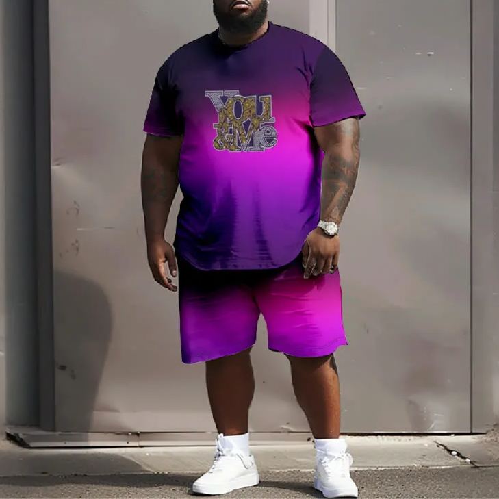 Men's Plus Size Ombre Solid Color You And Me Short Sleeve T-shirt Two-piece Set
