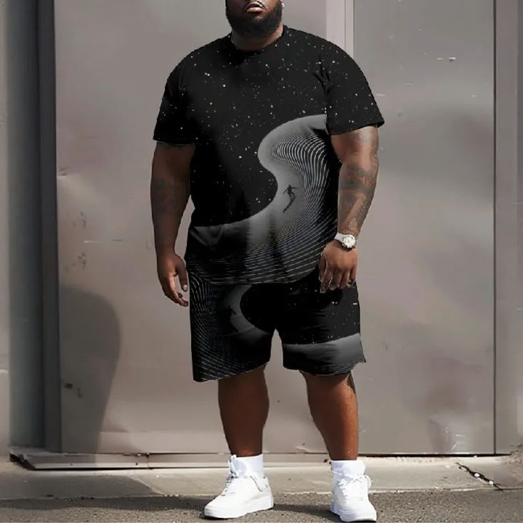 Men's Plus Size Summer Starry Night Sky Surfing Man Casual Short Sleeve T-shirt Two-piece Set