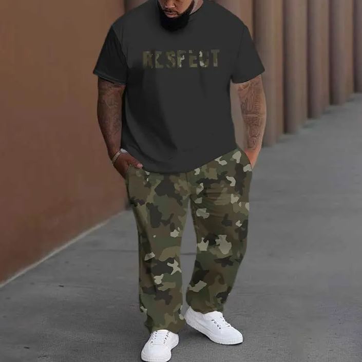  Men's Plus Size Classic Camouflage Style Letter Printed T-shirt Pants Set