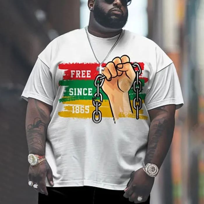 Men's Plus Size Summer Fashion Juneteenth Black History Free Since 1865 Print T-shirt