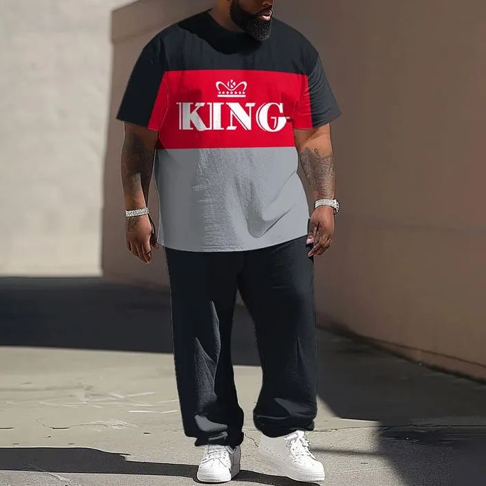Men's Plus Size Summer Fashion Street Contrast Colorblocks King T-shirt Pants Set