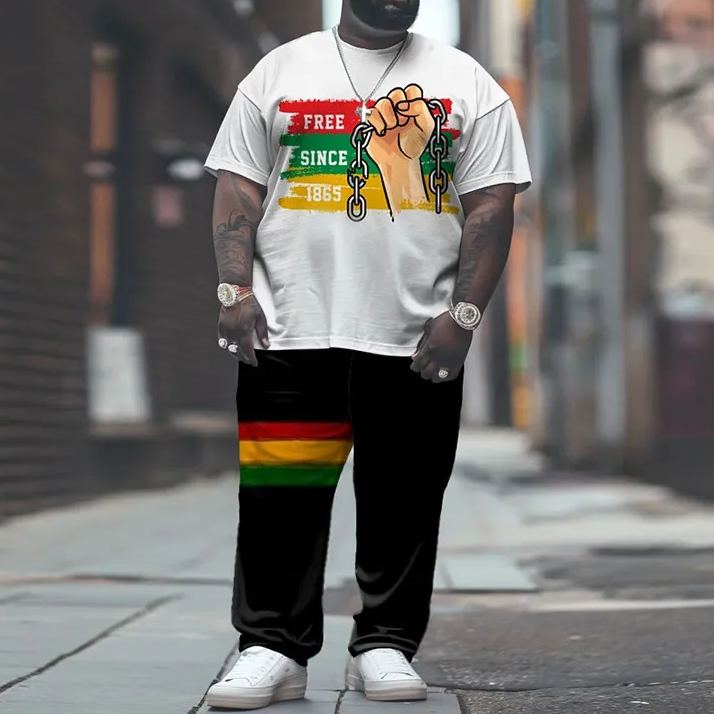 Men's Plus Size Summer Fashion Juneteenth Black History Free Since 1865 Print T-shirt Pants Set