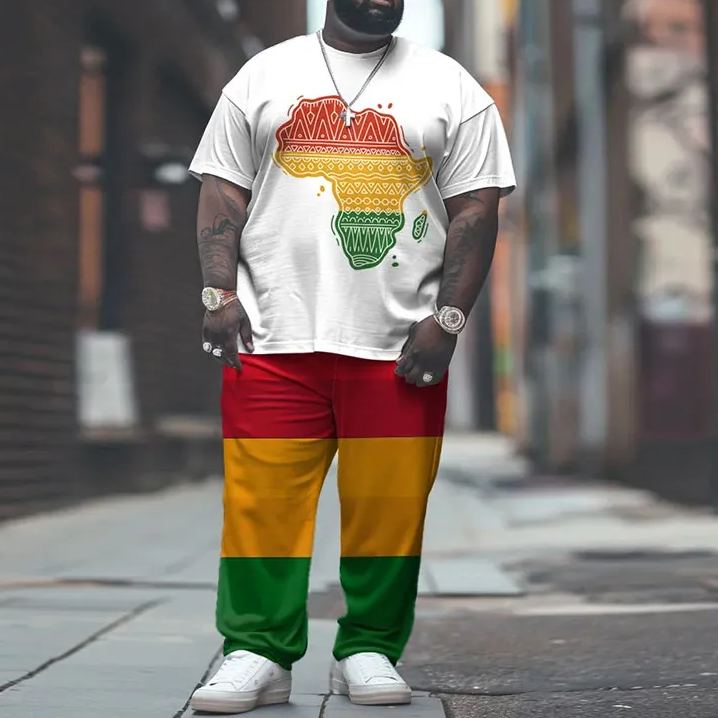 Men's Plus Size Summer Fashion Street Reggae Pattern Print T-shirt Pants Set