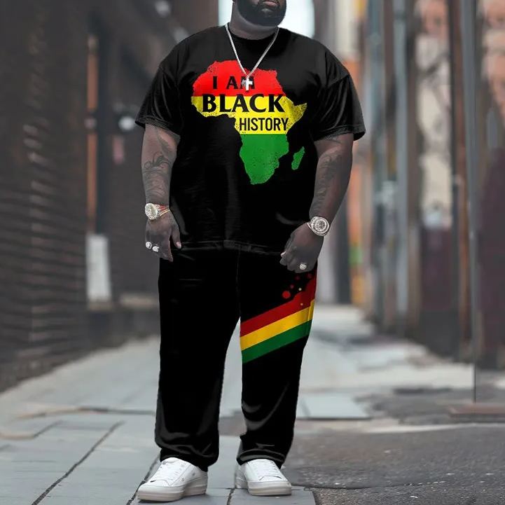 Men's Plus Size Summer Fashion Juneteenth Black History Month Colorblock Map T-shirt Pants Set