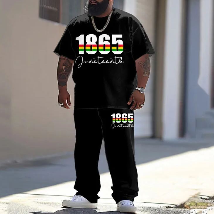 Men's Plus Size Summer Fashion Juneteenth Black History Month 1865 Printed T-shirt Pants Set