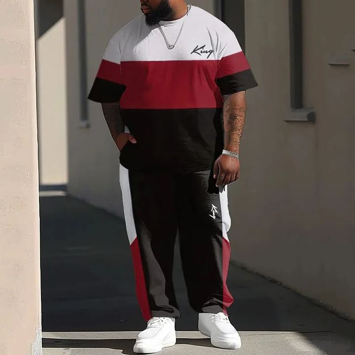 Men's Plus Size Summer Fashion Street Casual Colorblocks King T-shirt Pants Set