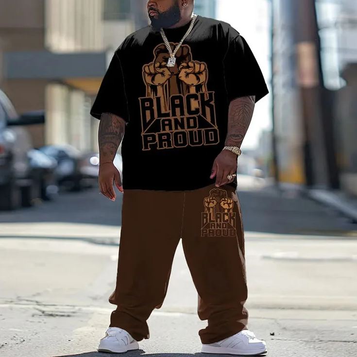 Men's Plus Size Summer Fashion Black And Proud Power T-shirt Pants Set