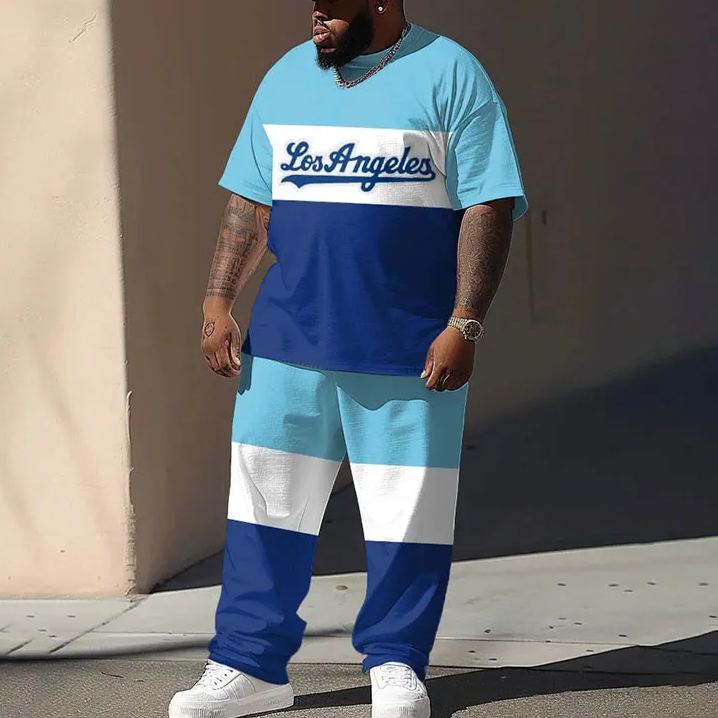 Men's Plus Size Summer Fashion Vitality Colorblock Alphabet T-shirt Pants Set