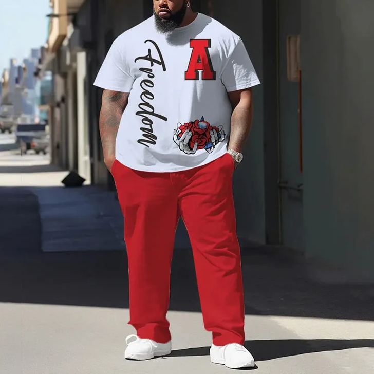 Men's Plus Size Summer Fashion Color-blocked Graffiti T-shirt Pants Set