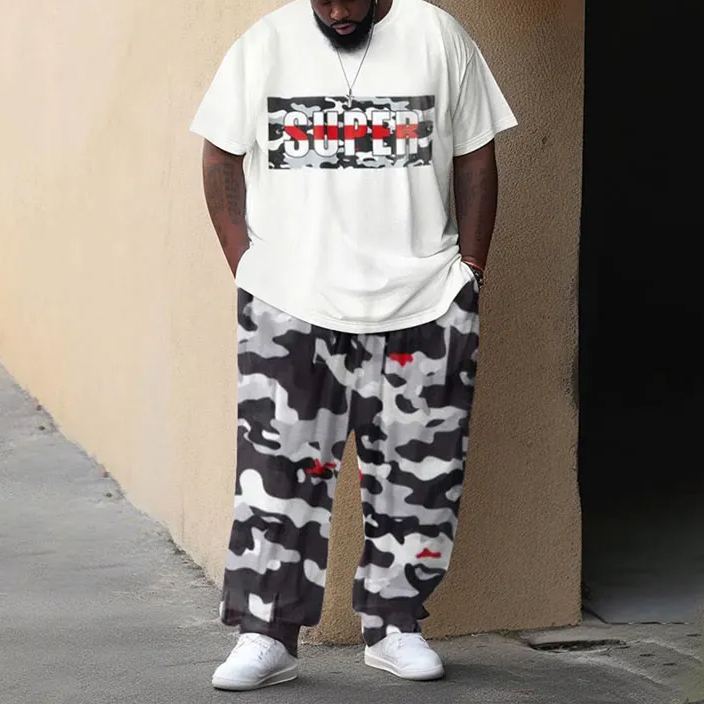 Men's Plus Size Summer Fashion Retro Super Hip-hop Camouflage T-shirt Pants Set