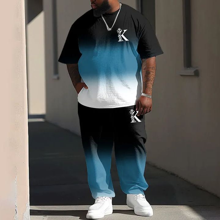 Men's Plus Size Summer Fashion Street Casual Gradient K Letter T-shirt Pants Set