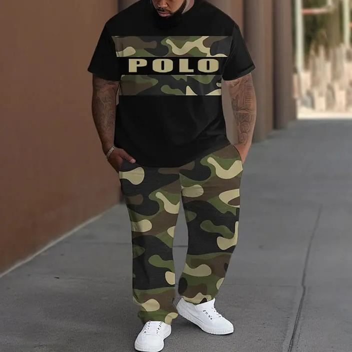 Men's Plus Size Summer Fashion Camouflage Patchwork Alphabet T-shirt Pants Set