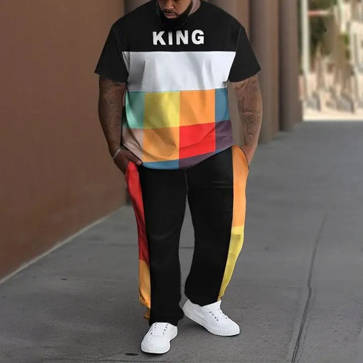 Men's Plus Size Summer Fashion Geometric Letter King Casual T-shirt Pants Set