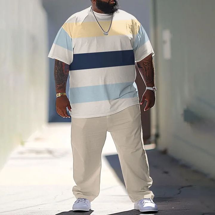 Men's Plus Size Summer Fashion Simple Striped Color Block T-shirt Pants Set