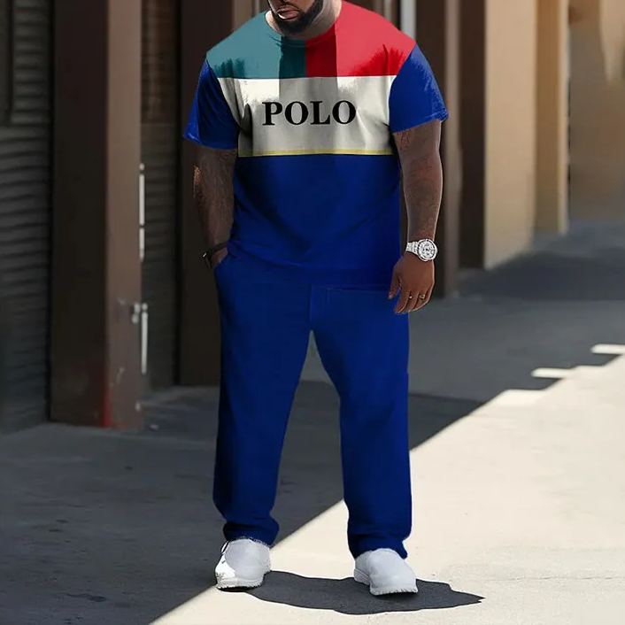 Men's Plus Size Summer Fashion Blue And Red Color Matching Star Sports T-shirt Pants Set