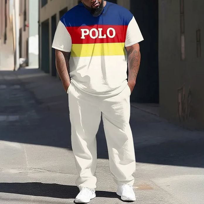Men's Plus Size Summer Color Matching POLO Casual Fashion T-shirt Pants Set