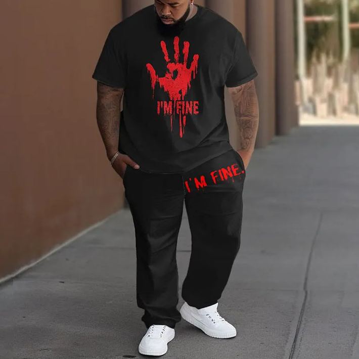 Men's Plus Size Summer Fashion I'm Fine Bloody Hand T-shirt Pants Set