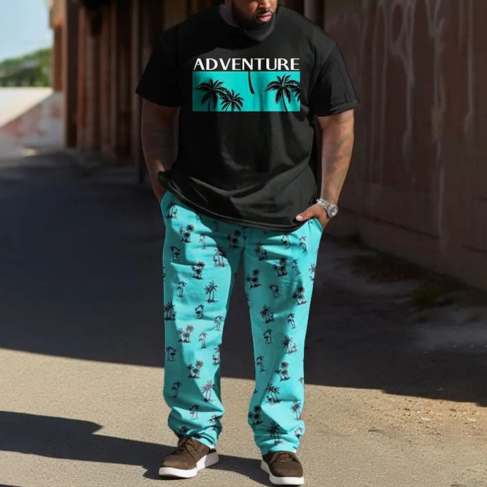 Men's Plus Size Summer Fashion Hawaiian Coconut Tree Alphabet T-shirt Pants Set