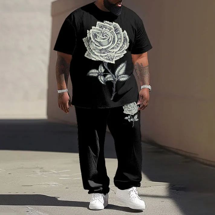 Men's Plus Size Summer Fashion White Rose Floral T-shirt Pants Set