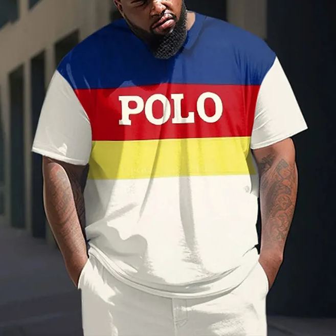 Men's Plus Size Color Matching POLO Print Casual Short Sleeve T-shirt