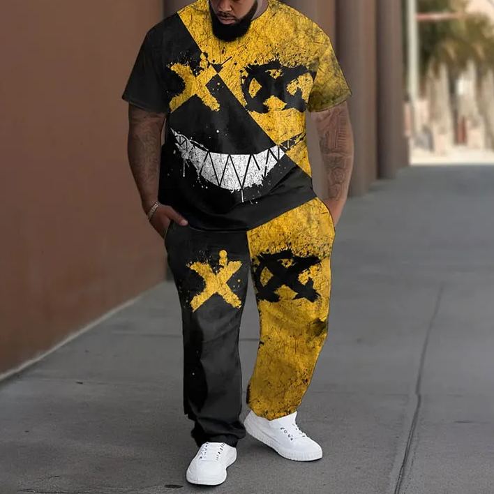 Men's Plus Size Summer Fashion Cartoon Contrasting Color T-shirt Pants Set