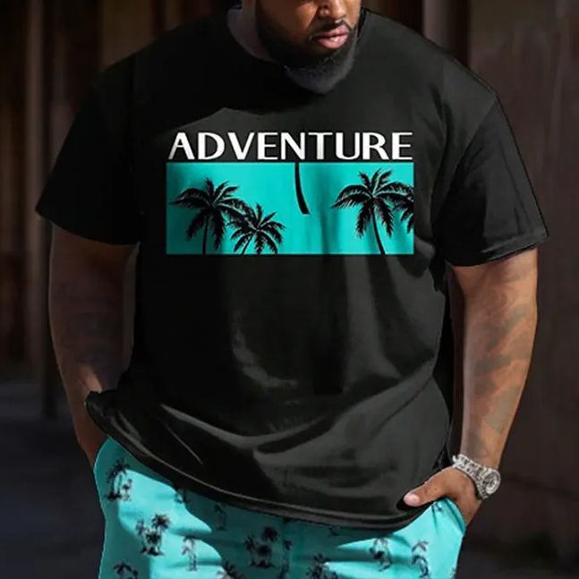 Men's Plus Size Hawaiian Coconut Tree Alphabet Print Short Sleeve T-shirt