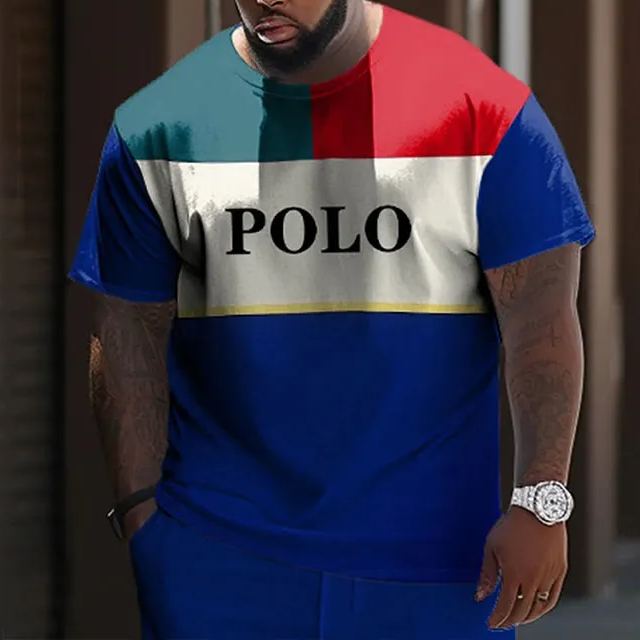Men's Plus Size Blue And Red Color Matching Star Sports Print Short Sleeve T-shirt
