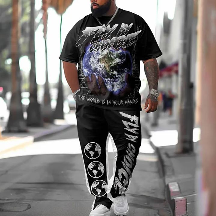Men's Plus Size The World In Your Hands Print Fashion T-shirt Pants Set