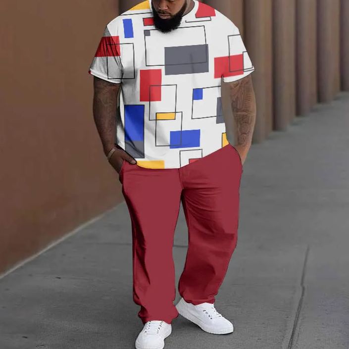 Men's Plus Size Summer Fashion Colored Geometric Graph T-shirt Pants Set