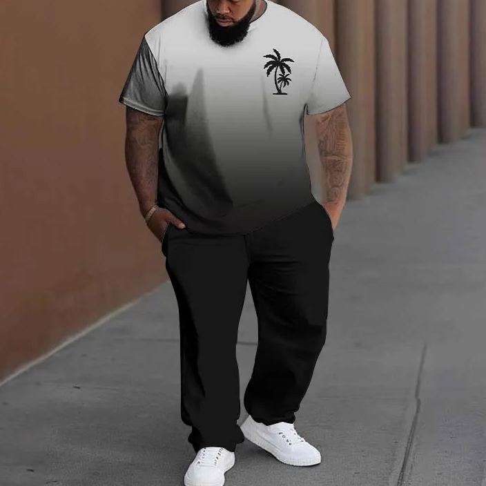 Men's Plus Size Summer Fashion Ombre Cute Coconut Tree T-shirt Pants Set