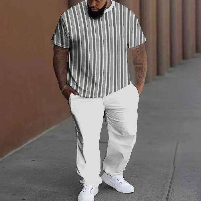 Men's Plus Size Summer Fashion Simple Striped T-shirt Pants Set