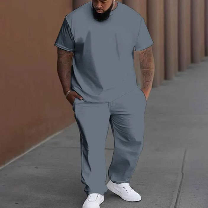 Men's Plus Size Summer Fashion Simple Solid Color T-shirt Pants Set