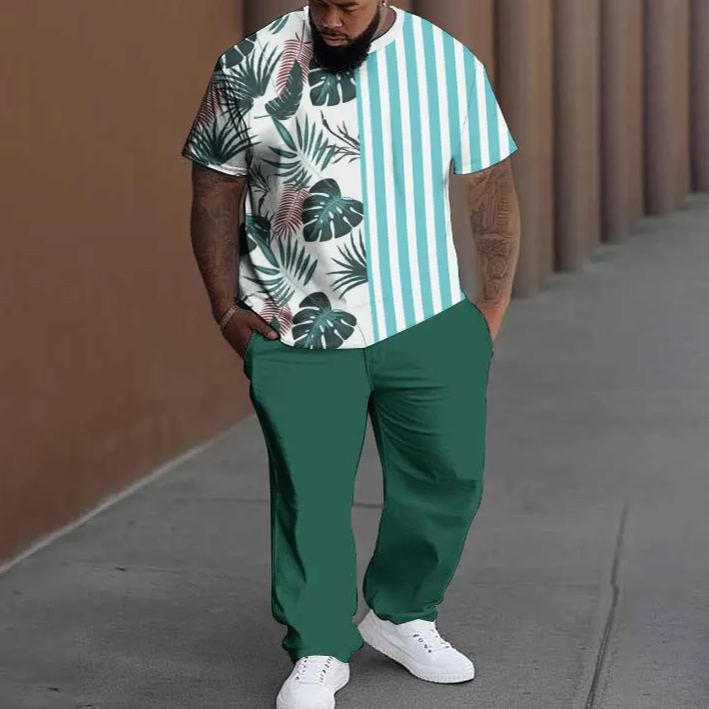 Men's Plus Size Summer Fashion Lovely Tree Leaves Striped T-shirt Pants Set