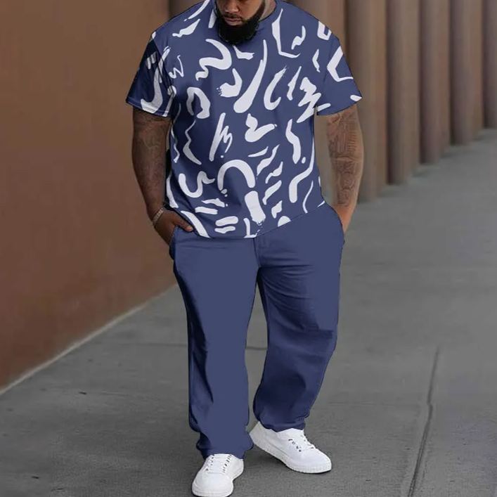 Men's Plus Size Summer Fashion Irregular Thick Lines T-shirt Pants Set