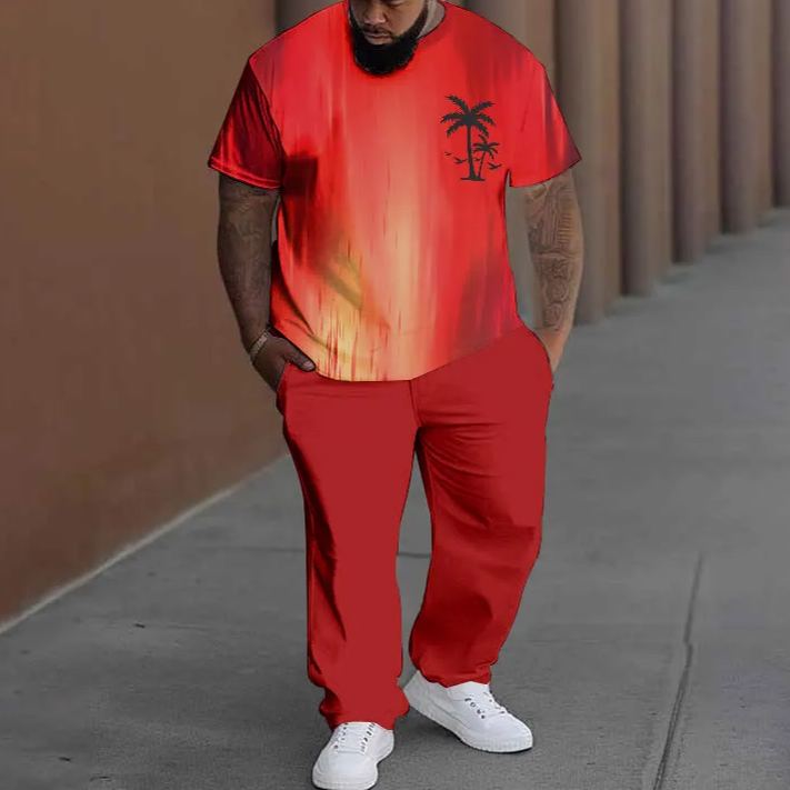 Men's Plus Size Summer Fashion Ombre Coconut Tree With Birds T-shirt Pants Set