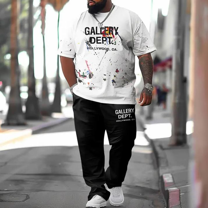 Men's Plus Size Street Hip Hop Dept Graphic Print T-shirt Pants Set