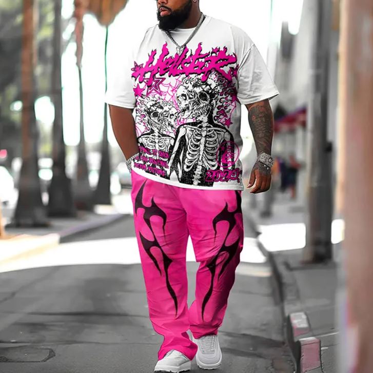 Men's Plus Size Flame Skull Print T-shirt Pants Set
