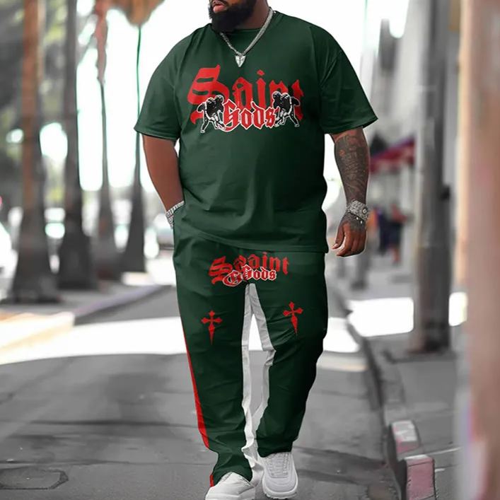 Men's Plus Size Saint Gods Print T-shirt Pants Set