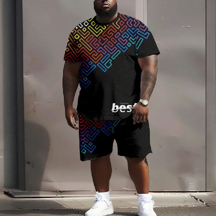 Men's Plus Size Best Colorful Geometric Pattern Casual Short Sleeve T-shirt Two-piece Set