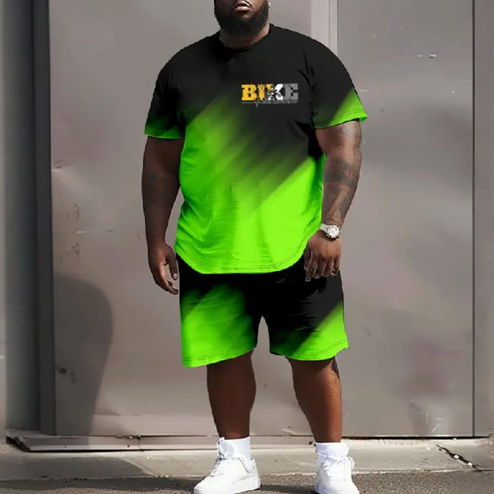 Men's Plus Size Bike Contrast Fluorescent Green Casual Short Sleeve T-shirt Two-piece Set