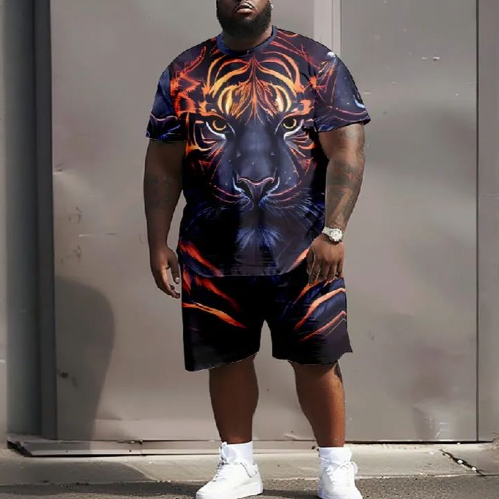 Men's Plus Size Abstract Tiger Face Casual Short Sleeve T-shirt Two-piece Set