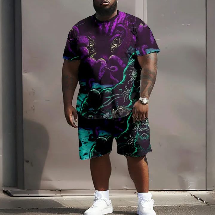 Men's Plus Size Abstract Mysterious Painting Casual Short Sleeve T-shirt Two-piece Set