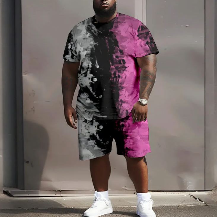 Men's Plus Size Contrast Color Stitching Graffiti Casual Short Sleeve T-shirt Two-piece Set