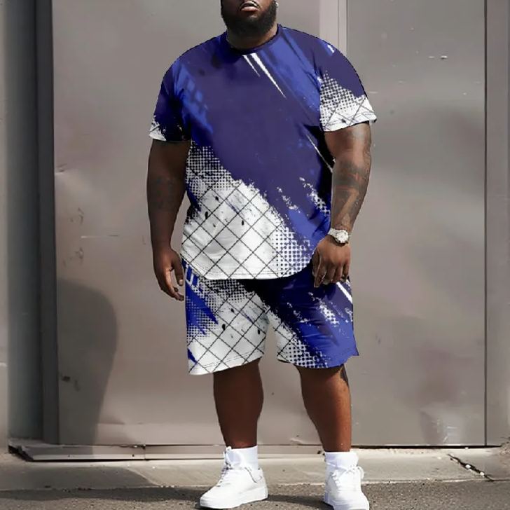Men's Plus Size Blue Splash Ink With Grid Casual Short Sleeve T-shirt Two-piece Set